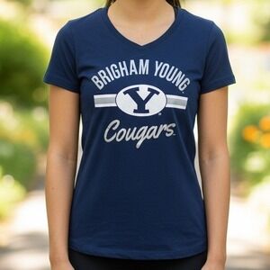 J America Brigham Young Cougars V Neck T Shirt Women's Size Small Navy Blue